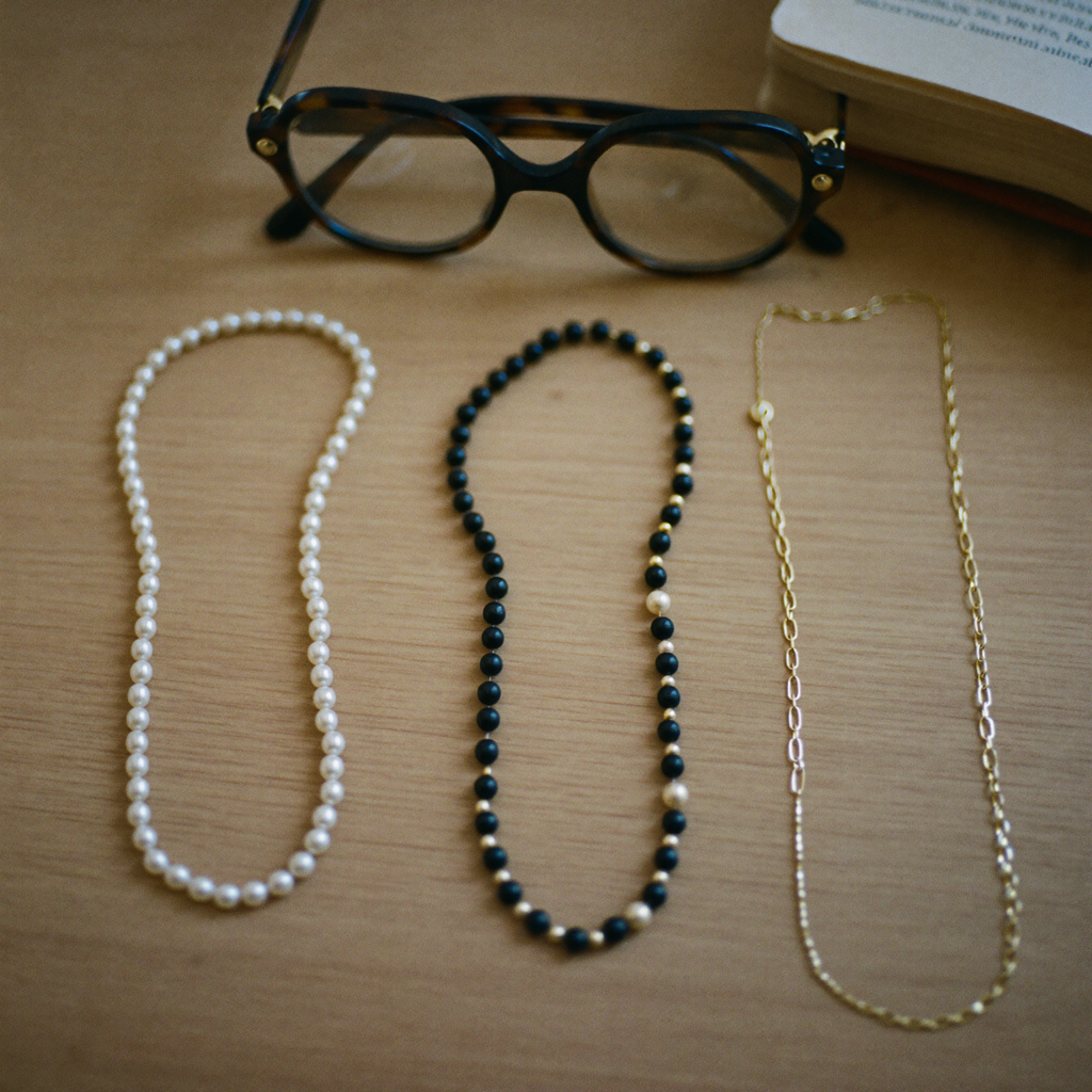 Three eyeglass chains: pearl, black and gold beaded, and fine gold link