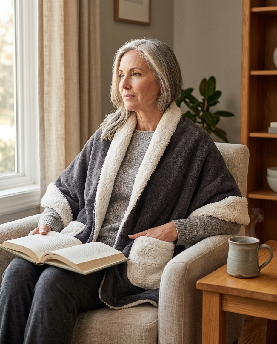 A woman reading in an armchair wearing The Reader's Wrap, one hand tucked into the pocket