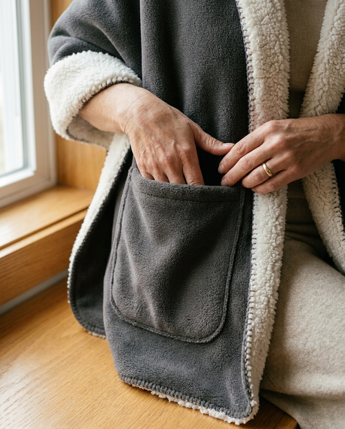 Close up of hands sliding into the deep sherpa trimmed front pocket