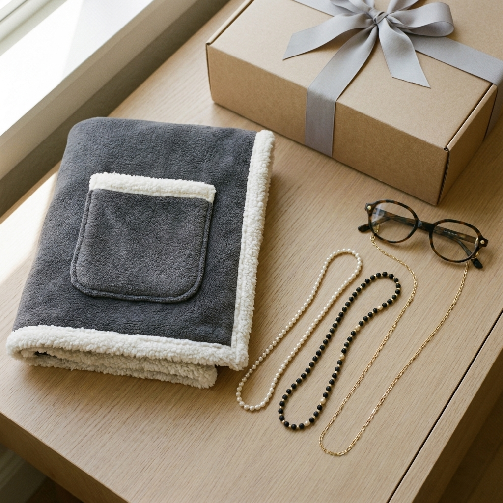 The Evening In set: the folded wrap with its front pocket beside the three eyeglass chains and a kraft gift box