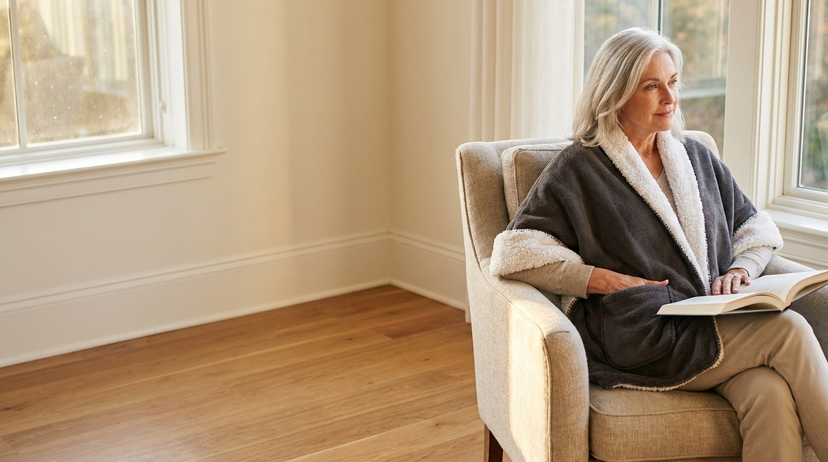 A woman reading in an armchair wearing the Reader's Wrap