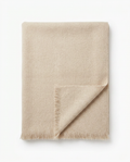 The Evening Wrap on white: oatmeal beige brushed oversized wrap, folded, with a fringed edge