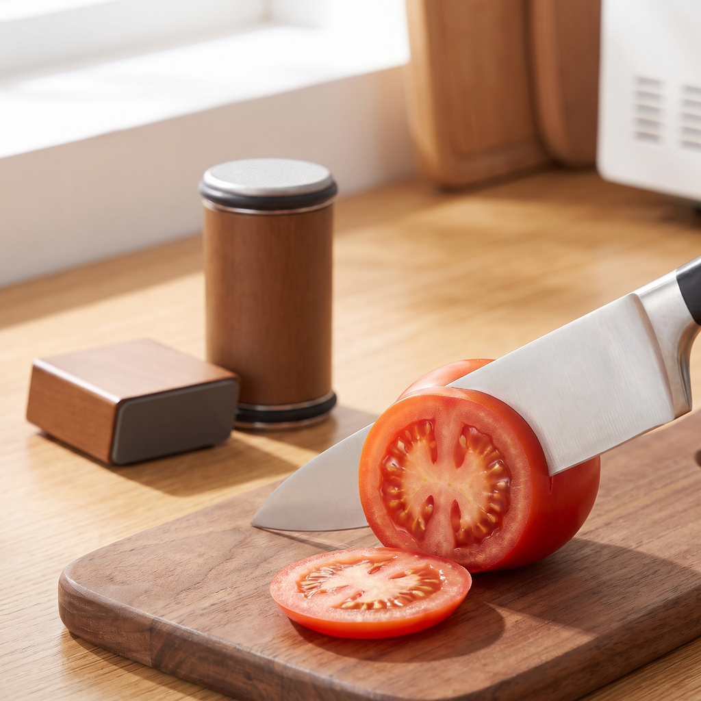 A sharp chef's knife slicing a tomato, the sharpener on the counter behind