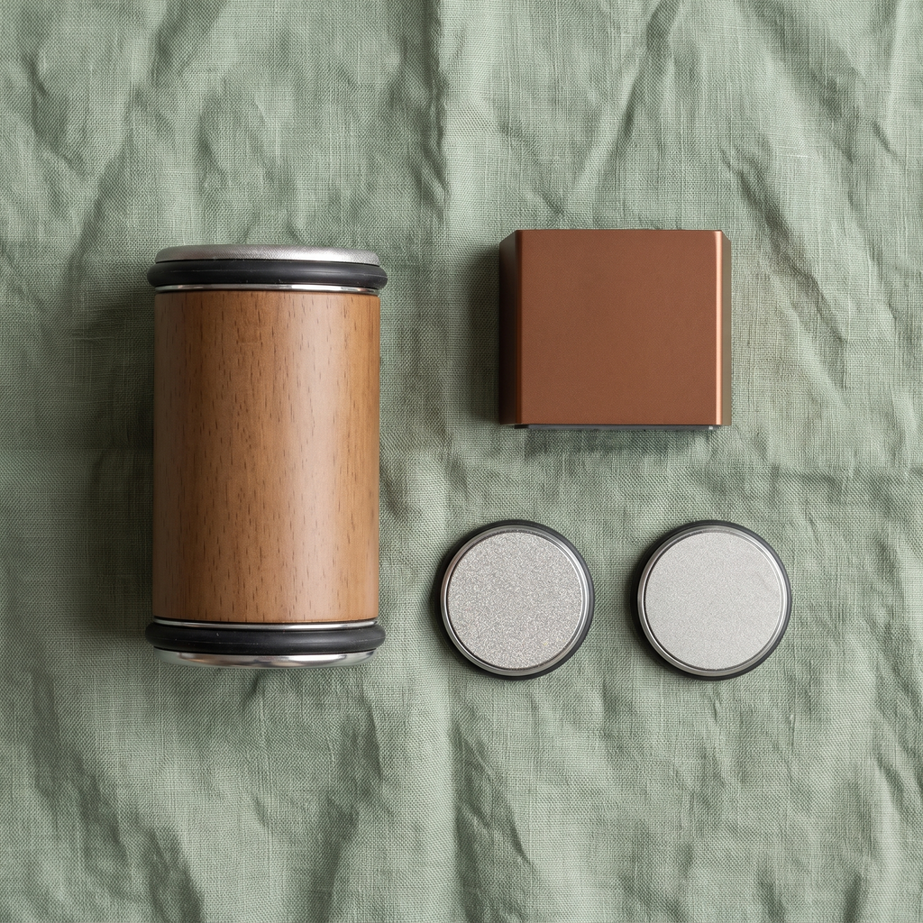 Everything in the set laid out: roller, angle block and two diamond discs