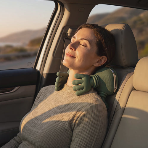 The massager's silicone fingers kneading her neck while she rests in the passenger seat