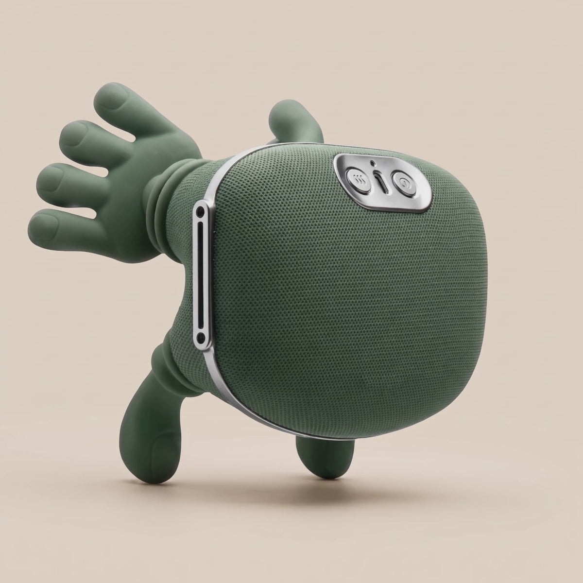 The massager turning a full circle: strap slots on both sides, three-button panel on top, two hands and two thumbs